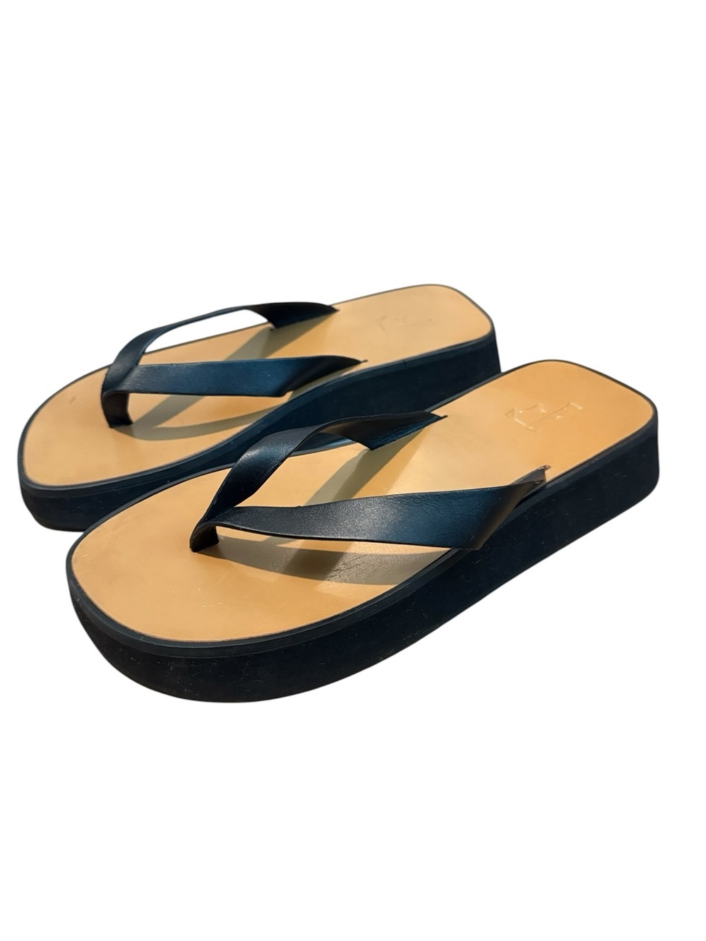 Flattered Brooke Black Strap Tan Footbed Platform Leather Sandals Size 8.5